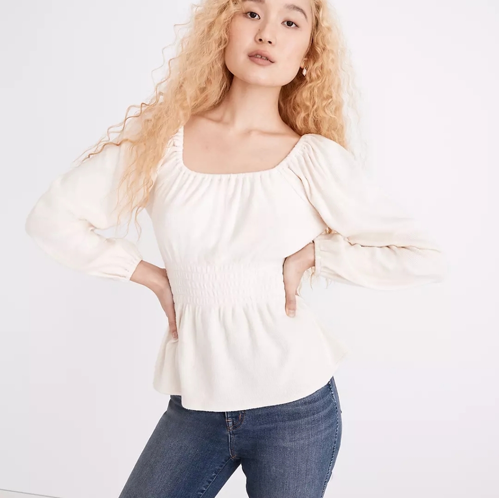 MADEWELL beige plush square neck smocked top